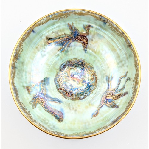 86 - Wedgwood lustre dragon dish together with Doulton Lambeth lidded pot with swing handle