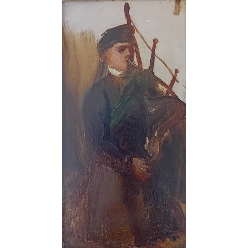 161 - Scottish school 19th century  
Half-length portrait sketch young piper
Oil on mahogany panel
[20x11c... 