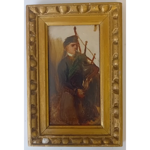 161 - Scottish school 19th century  
Half-length portrait sketch young piper
Oil on mahogany panel
[20x11c... 