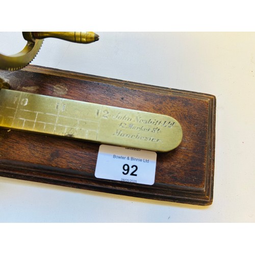 92 - 19th century mahogany and brass yarn wool winder testing scale, signed John Nesbitt Ltd, 42 Market S... 