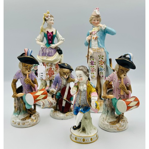 112 - Group of German/French porcelain figures, two figures of ladies, three animal musicians and a boy fi... 