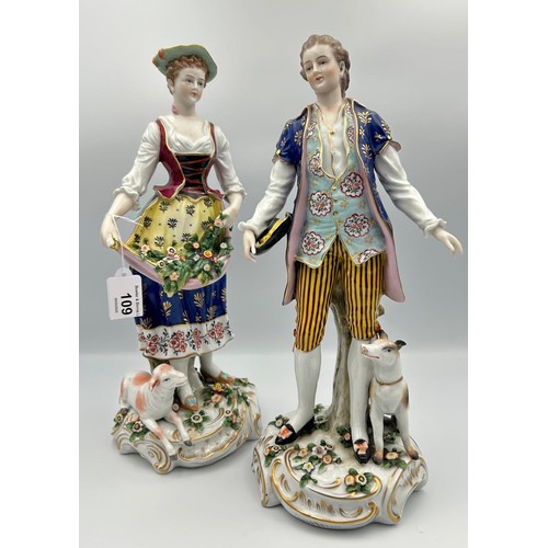 109 - A pair of late 19th Century porcelain figures
The flower seller and her beau
All raised on gilt scro... 