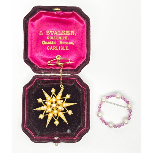 10 - 15ct Gold and Pearl star brooch together with 18ct white gold ladies brooch 

15ct Weight - 9.34g
18... 