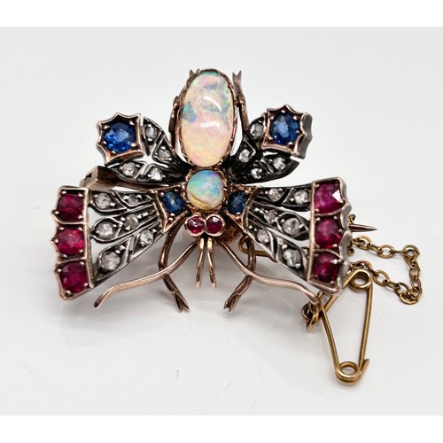 23 - An Antique Sapphire, Ruby and Diamond conversion moth brooch in yellow gold and silver
3cm, 9.84g