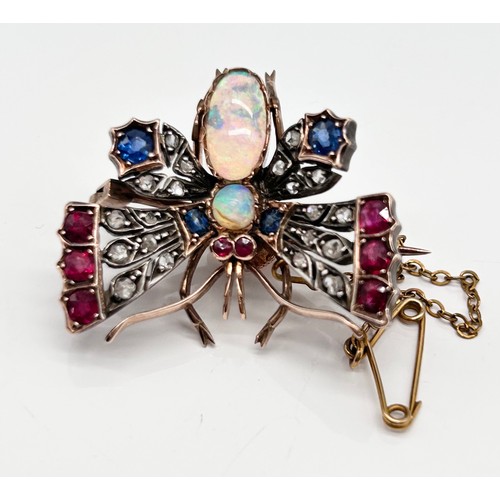 23 - An Antique Sapphire, Ruby and Diamond conversion moth brooch in yellow gold and silver
3cm, 9.84g