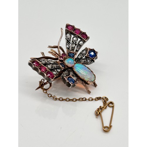 23 - An Antique Sapphire, Ruby and Diamond conversion moth brooch in yellow gold and silver
3cm, 9.84g