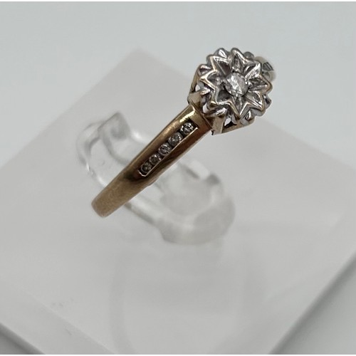 48 - 9ct gold ladies diamond solitaire ring with accents, ring size S [1.88g]