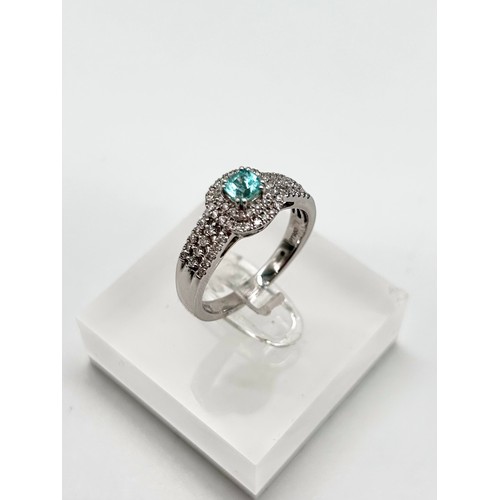 35 - Platinum, diamond & Aquamarine ring, size P [7.91g]