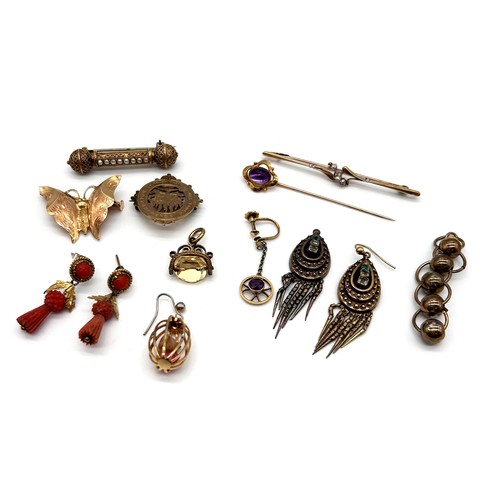 2 - A small diamond and pearl set bar brooch; a gold butterfly brooch; a pair of gem set Victorian gold ... 