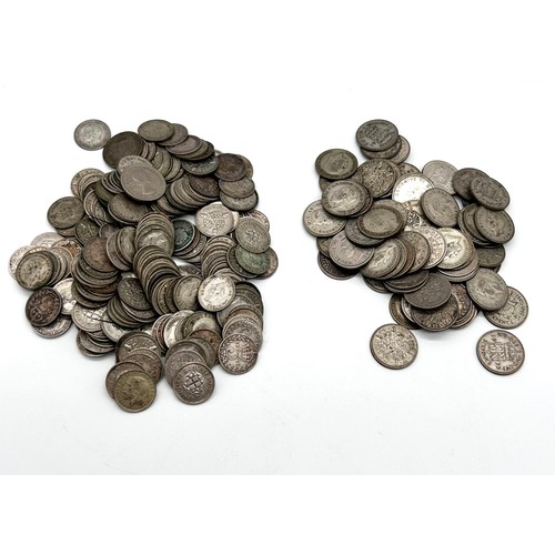 11 - Sixpence pieces, various conditions, mainly 20th c pre 1947 weight 200g; three pence pieces weight 3... 