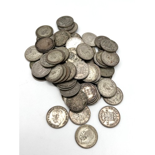 11 - Sixpence pieces, various conditions, mainly 20th c pre 1947 weight 200g; three pence pieces weight 3... 