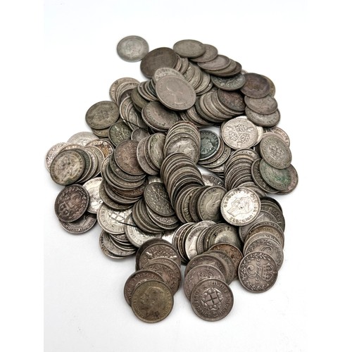 11 - Sixpence pieces, various conditions, mainly 20th c pre 1947 weight 200g; three pence pieces weight 3... 