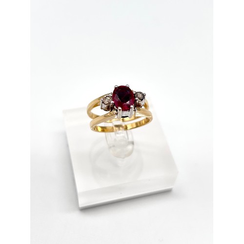 26 - 18ct reversible dress ring, 7.5g, size Q, one side three stone ruby & diamond other 3 synthetic emer... 