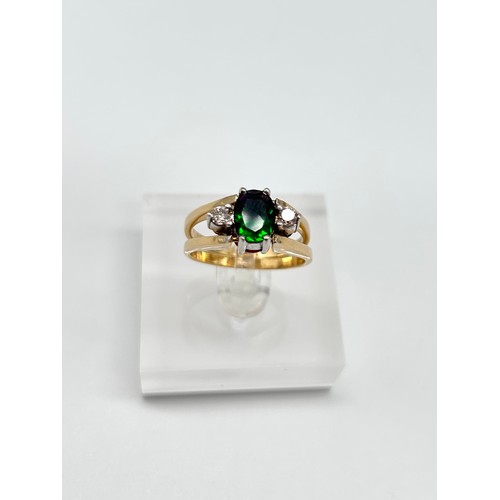 26 - 18ct reversible dress ring, 7.5g, size Q, one side three stone ruby & diamond other 3 synthetic emer... 