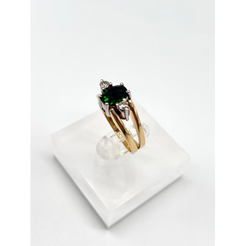 26 - 18ct reversible dress ring, 7.5g, size Q, one side three stone ruby & diamond other 3 synthetic emer... 