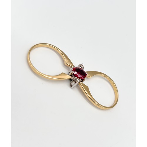 26 - 18ct reversible dress ring, 7.5g, size Q, one side three stone ruby & diamond other 3 synthetic emer... 