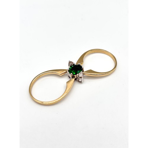 26 - 18ct reversible dress ring, 7.5g, size Q, one side three stone ruby & diamond other 3 synthetic emer... 