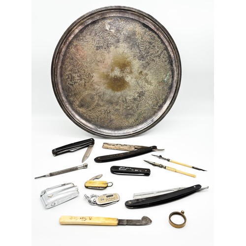354 - Silver plated circular tray, collection of pocket knives and vintage razors and a Ronson lighter