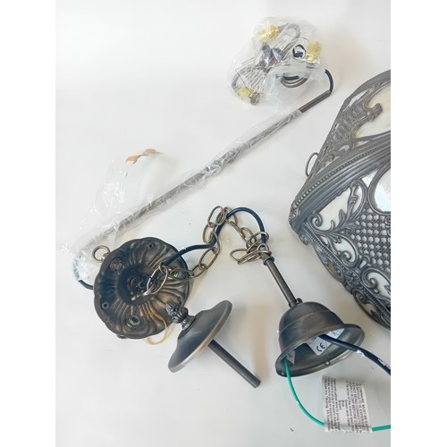 358 - Vintage Slag Glass Panel hanging shade with fittings and fixtures