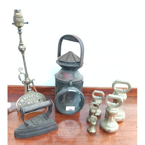 409 - Collection of vintage collectables to include train lantern, brass weights  F Whitfield of Birmingha... 