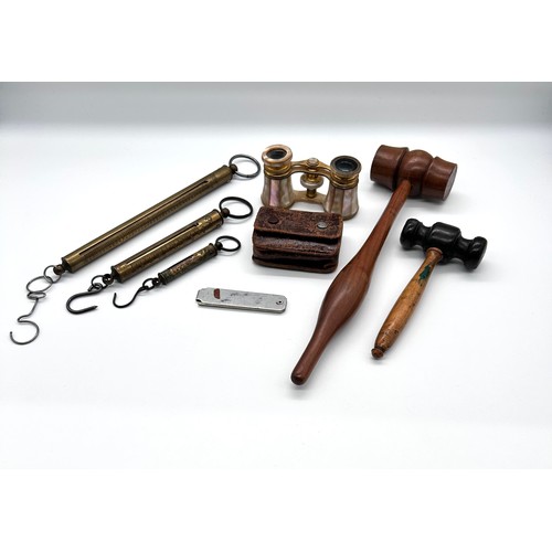 331 - Mother of pearl vintage opera glasses, two wooden gavels, vintage Salter spring scales and Monocular... 