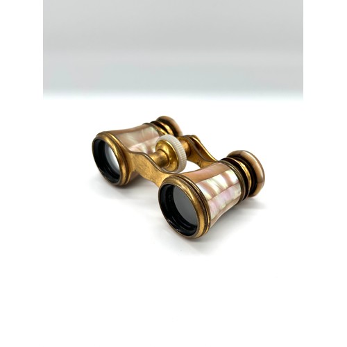 331 - Mother of pearl vintage opera glasses, two wooden gavels, vintage Salter spring scales and Monocular... 