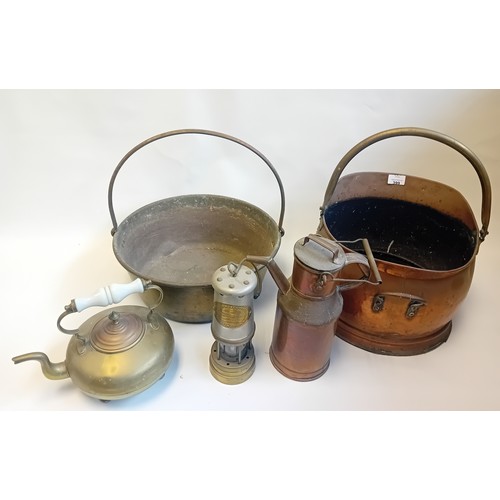 399 - Vintage copper helmet shaped coal bucket together with brass teapot and mining lanterns.