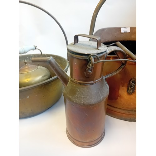 399 - Vintage copper helmet shaped coal bucket together with brass teapot and mining lanterns.