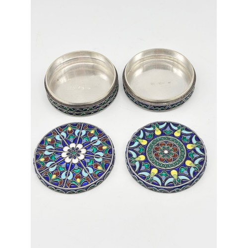 2 - Two 800 grade Silver Lidded Trinket Dishes, with enamelled Flower and Fruit Design to tops and Sides... 