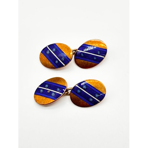 4 - Pair of 9ct Gold Cufflinks with blue enamel design
Weight - 6.56g.