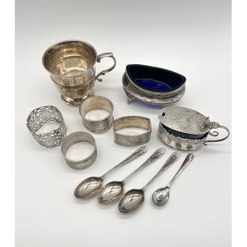 15 - Collection of Silver items to include silver cup, napkin rings and spoons 
Weight - 368.30g