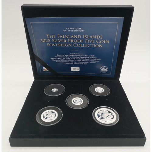 37 - The Falkland Island 2025 Silver Proof Five Coin Sovereign Box Set Collection, combined weight, 66g