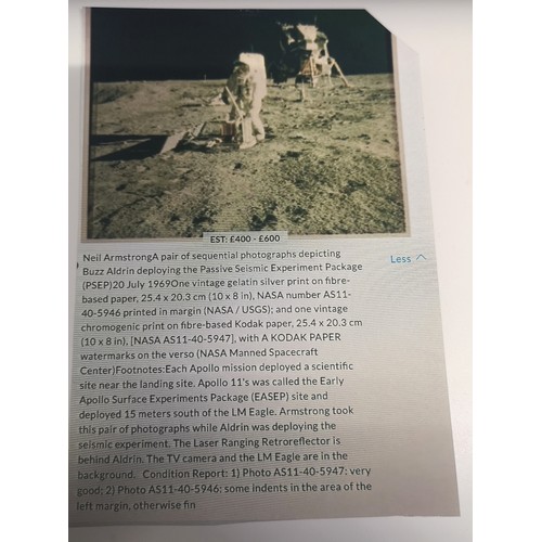 40A - NASA PHOTO'S TAKEN BY NEIL ARMSTRONG, A PAIR SEQUENTIAL PHOTOGRAPHS DEPICTING BUZZ ALDRIN DEPLOYING ... 