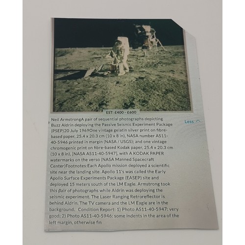 40A - NASA PHOTO'S TAKEN BY NEIL ARMSTRONG, A PAIR SEQUENTIAL PHOTOGRAPHS DEPICTING BUZZ ALDRIN DEPLOYING ... 