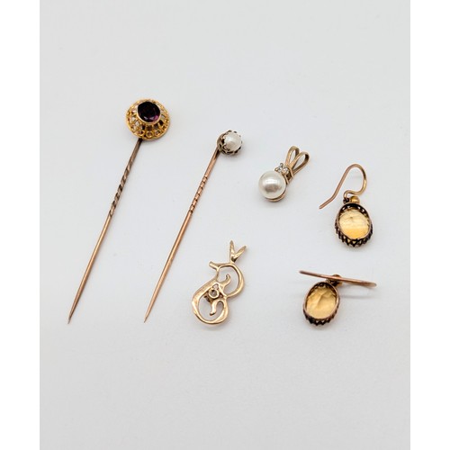 30A - Collection of Gold Jewellery , two hat pins and collection of Gold Earrings
(Unmarked, Testing 9ct o... 