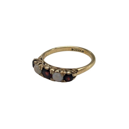 47 - 9ct Yellow Gold with round-cut Garnets and opal stones. 
Size - N
Weight - 2.42g