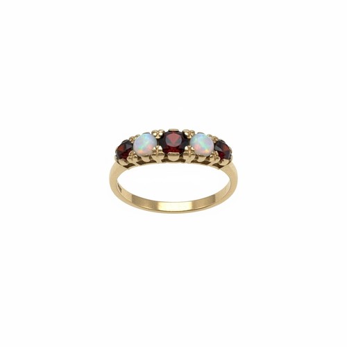 47 - 9ct Yellow Gold with round-cut Garnets and opal stones. 
Size - N
Weight - 2.42g
