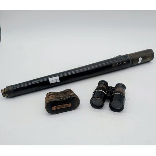 70 - Antique Single draw telescope together with two pairs of cased binoculars