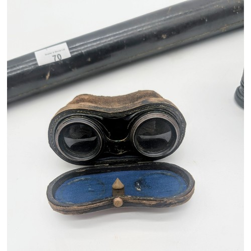 70 - Antique Single draw telescope together with two pairs of cased binoculars