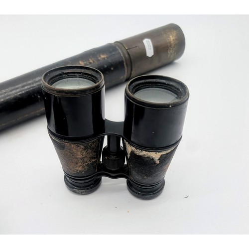 70 - Antique Single draw telescope together with two pairs of cased binoculars