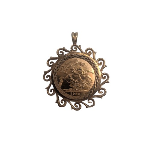 44 - 1980 Elizabeth Full Sovereign (7.98g) set within a 9ct yellow Gold decorative Mount pendent.
Total W... 