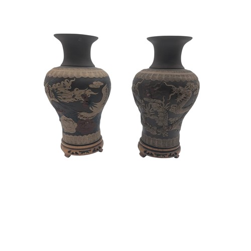 69 - Pair Of Lisha Clay Dragon and Phoenix Vases with decorative original stands, Standing without Stands... 
