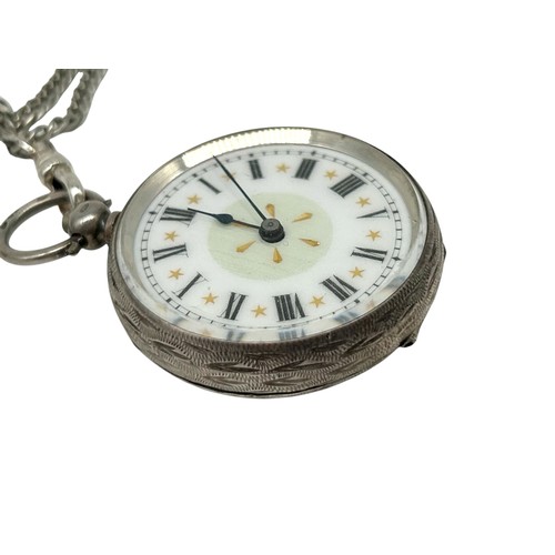 55 - Silver 935 pocket watch with 925 chain combined weight: 57g (In working condition with original key ... 