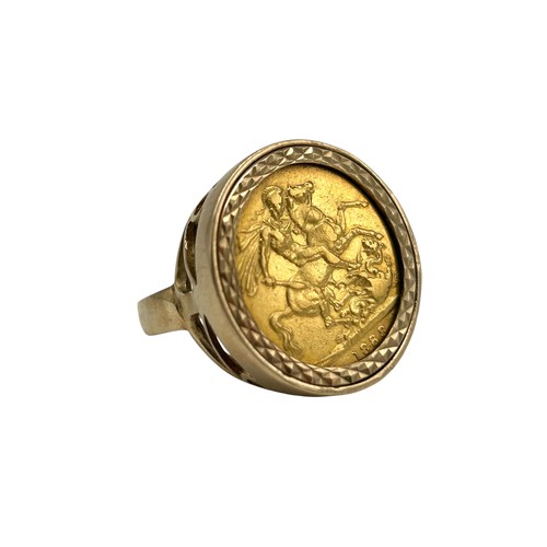 41 - 1888 Gold Sovereign mounted in a gold 9ct gold band, total weight 14.64g 
Ring size - R