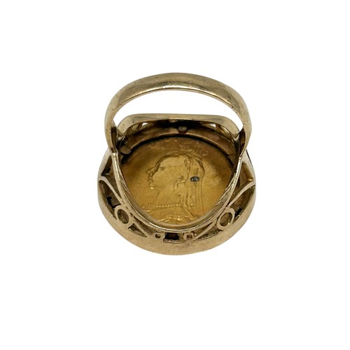 41 - 1888 Gold Sovereign mounted in a gold 9ct gold band, total weight 14.64g 
Ring size - R