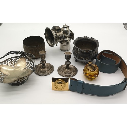 397 - St Andrews Ambulance Belt, with Vintage Oil Chrome Lamp, EPNS ware to include Candle Sticks and Othe... 