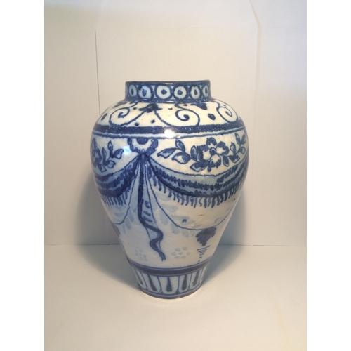 60 - Early 1700 - 1800s  Earthen Ware Tin Glazed Vase Done in Cobalt Blue signed to the base V.