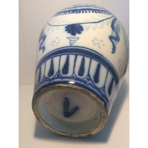 60 - Early 1700 - 1800s  Earthen Ware Tin Glazed Vase Done in Cobalt Blue signed to the base V.