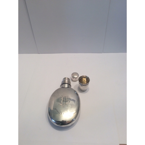 2 - Silver Hall Marked Birmingham 1896 Hip Flask with silver tody cup . 15 cm in height.