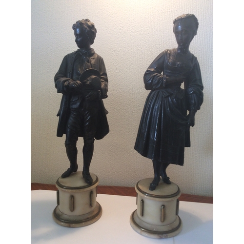 143 - Pair of Victorian Neo Classical Bronzed Figures On Marble Plinths . 40 cm high.